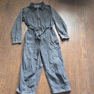 Indigo Thread Sz 18 Jumpsuit Distressed Gray Denim Belt Zip Six Pocket Baggy